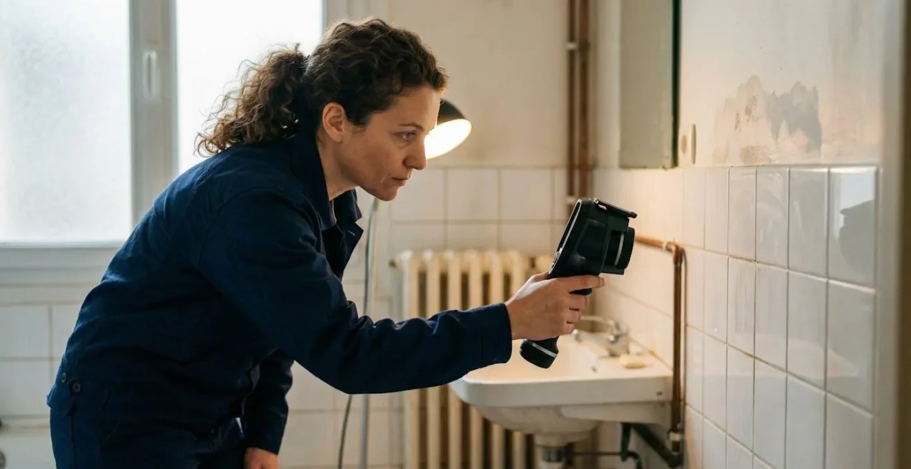 Plombier utilisant une caméra thermique pour détecter une fuite cachée dans un mur