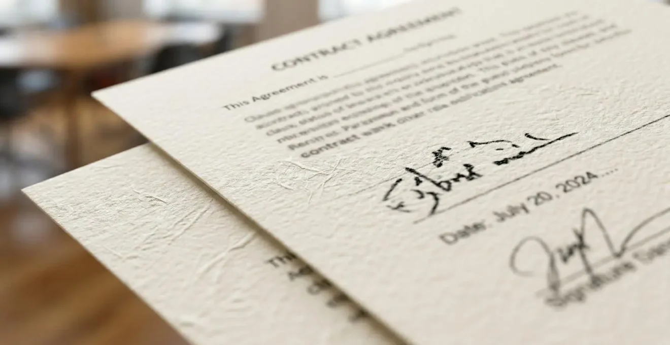 Vue macro détaillée de documents contractuels avec mise au point sélective sur les textures du papier