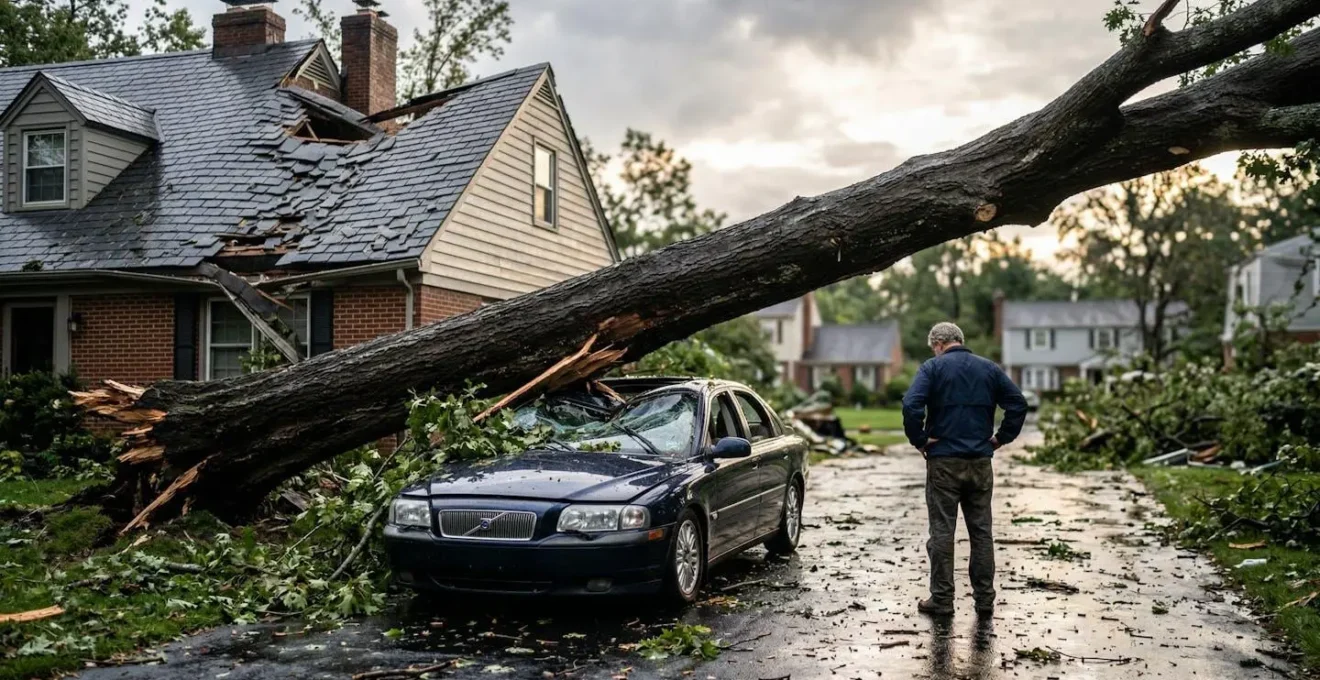 Scène après tempête montrant un arbre tombé sur une maison et une voiture