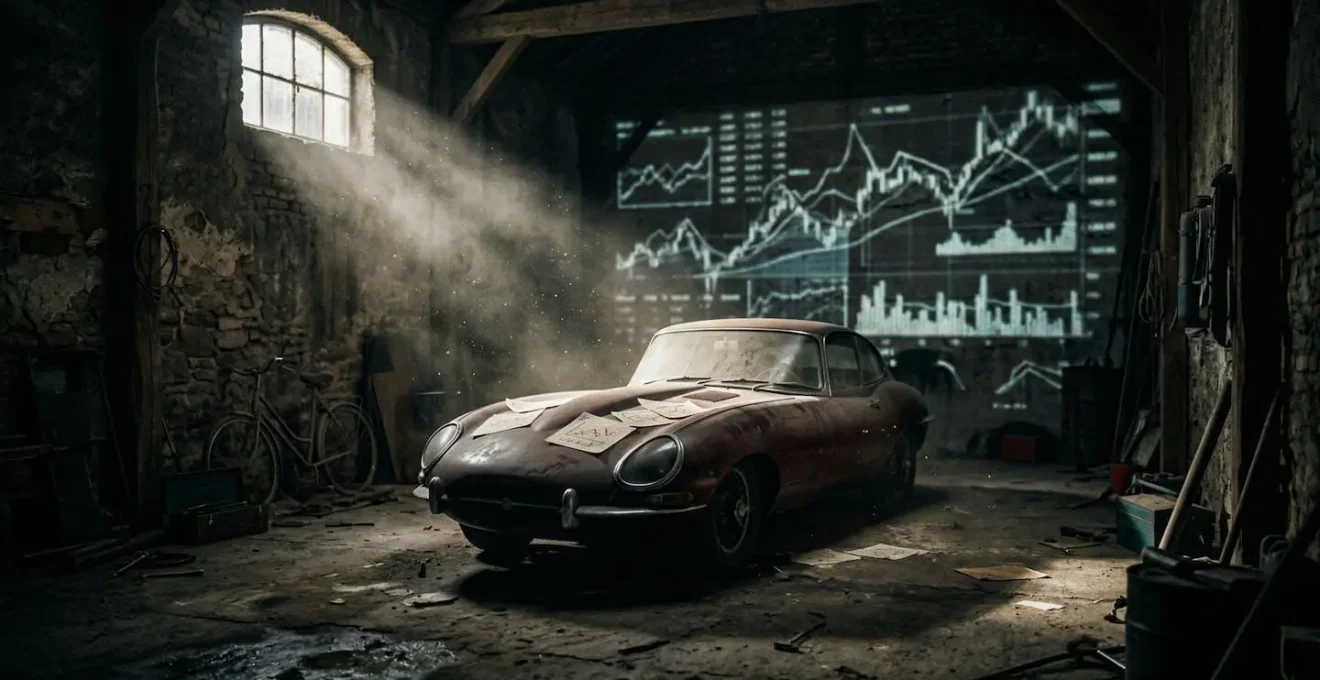Voiture classique avec des graphiques financiers projetés sur le mur d'un garage sombre