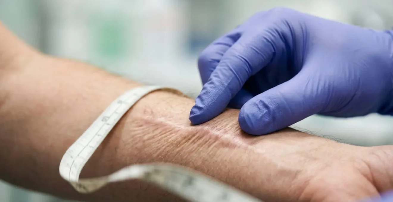 Main d'expert médical évaluant une cicatrice sur un bras avec échelle de mesure floue