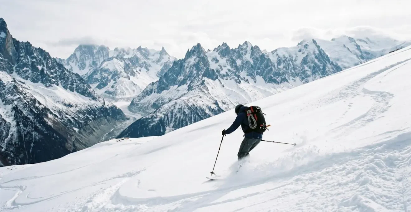 Skieur en montagne dans la poudreuse avec équipement de sécurité visible
