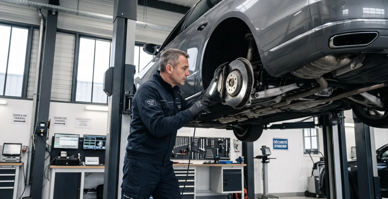 Expert automobile inspectant le système de freinage d'une berline haut de gamme dans un atelier spécialisé
