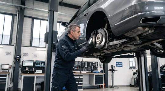 Expert automobile inspectant le système de freinage d'une berline haut de gamme dans un atelier spécialisé