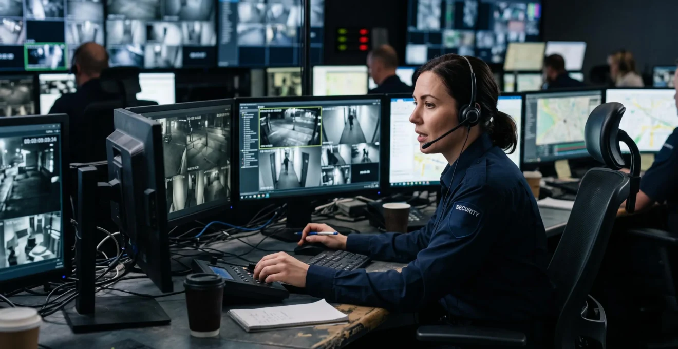 Opérateur de télésurveillance surveillant des installations depuis un centre de contrôle professionnel