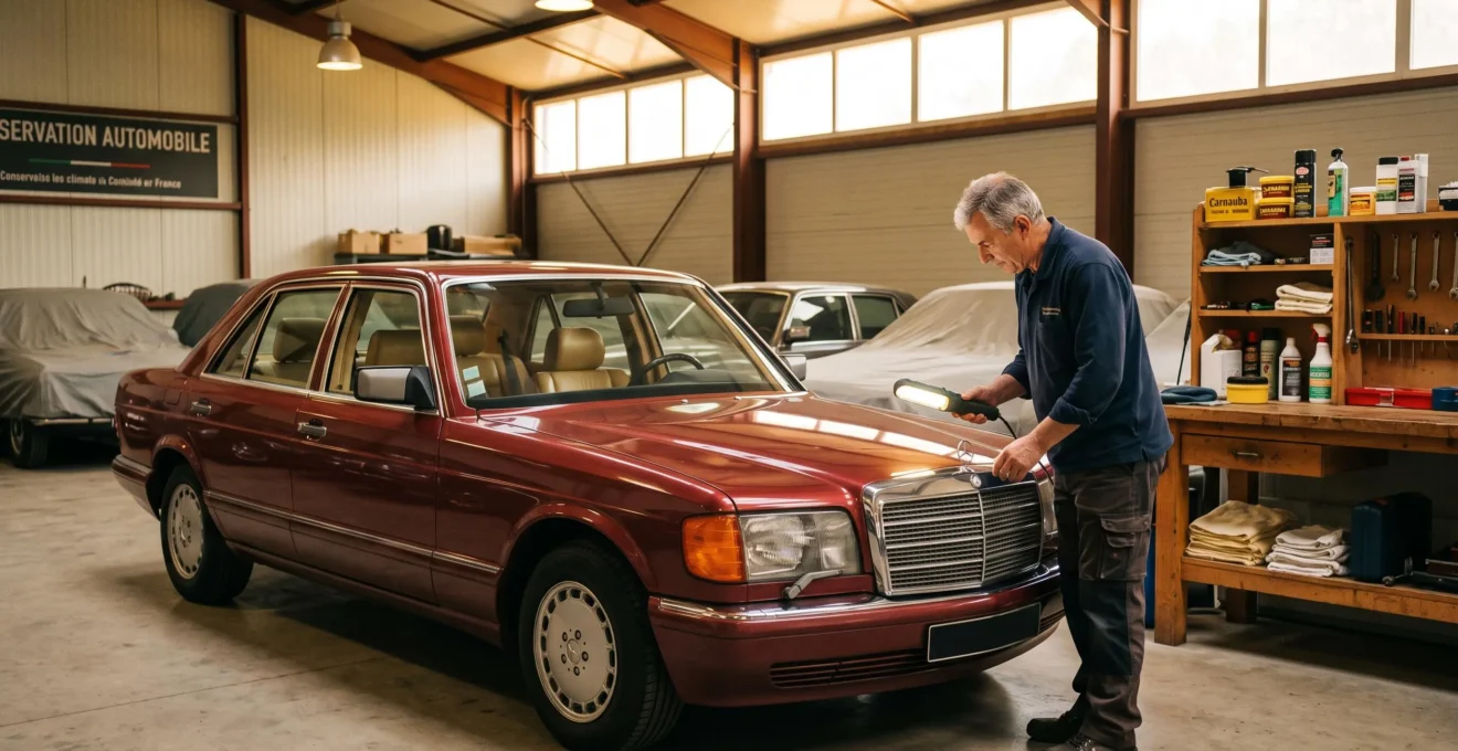 Spécialiste inspectant une berline de collection des années 1980 dans un garage de conservation automobile
