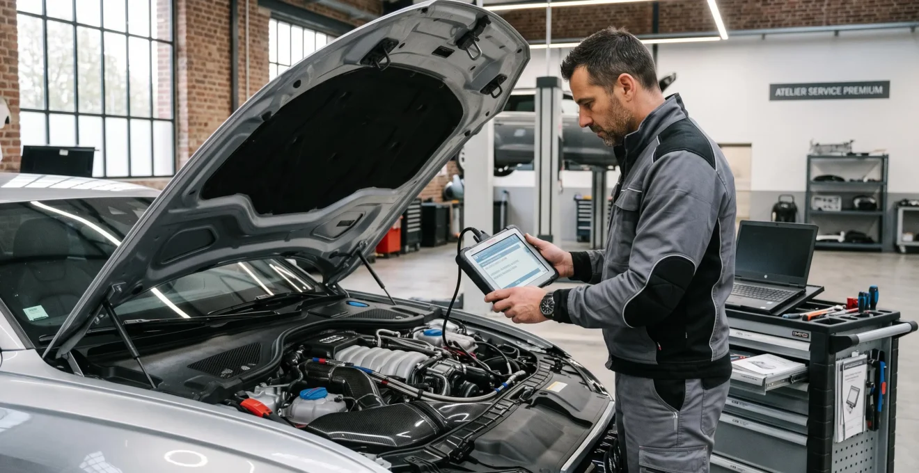 Technicien spécialisé réalisant un diagnostic électronique sur le moteur d'une berline sportive haut de gamme