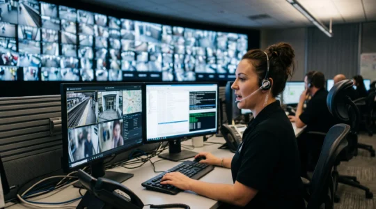 Technicien installant une centrale d'alarme moderne dans l'entrée d'une maison française