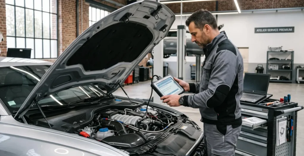 Technicien spécialisé réalisant un diagnostic électronique sur le moteur d'une berline sportive haut de gamme Technicien spécialisé réalisant un diagnostic électronique sur le moteur d'une berline sportive haut de gamme